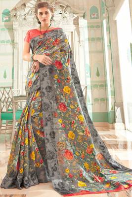 Grey printed linen saree with blouse 1