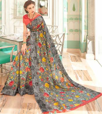 Grey printed linen saree with blouse 2