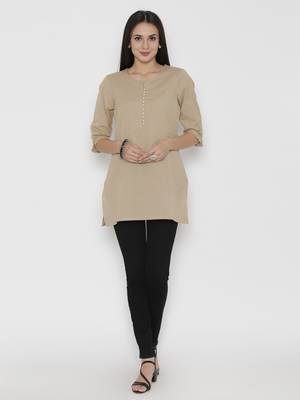 Beige plain cotton short-kurtis 1