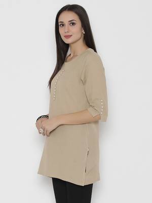 Beige plain cotton short-kurtis 3