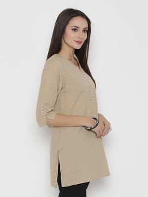 Beige plain cotton short-kurtis 4