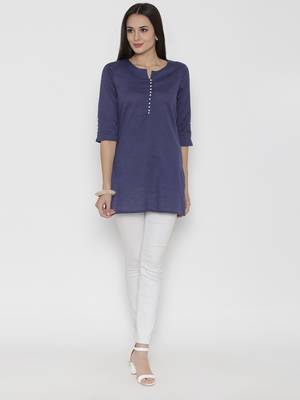 Blue plain cotton short-kurtis 1