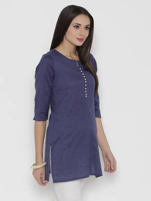 Blue plain cotton short-kurtis 4