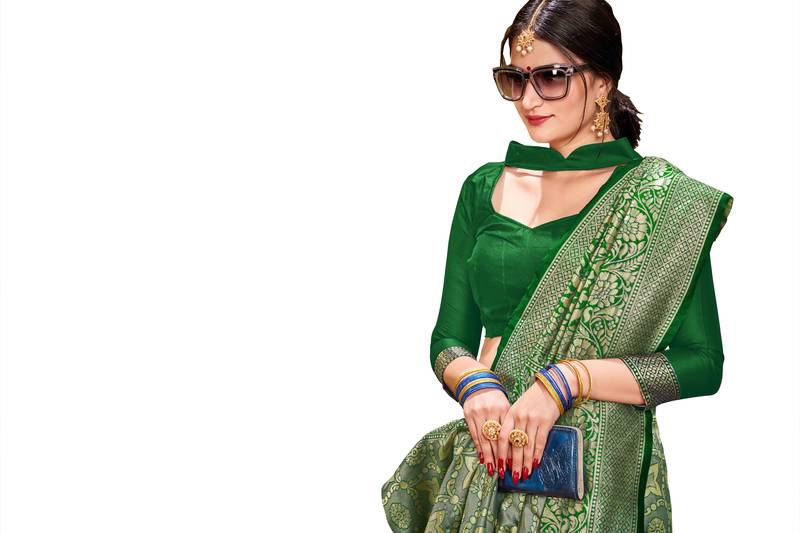 green woven banarasi saree with blouse