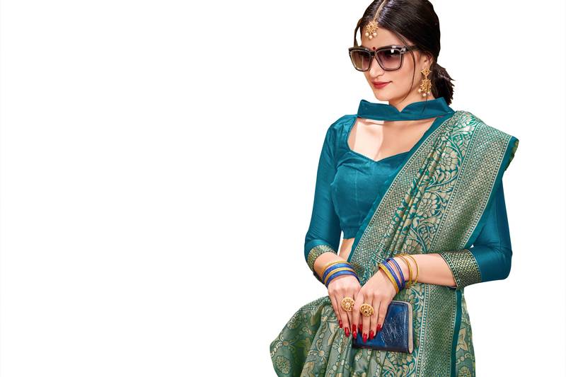 turquoise woven banarasi saree with blouse