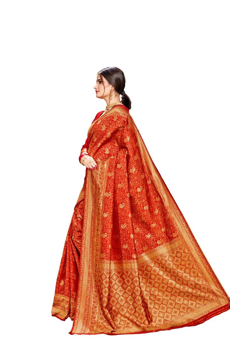 red woven banarasi saree with blouse