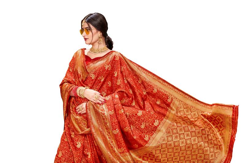 red woven banarasi saree with blouse