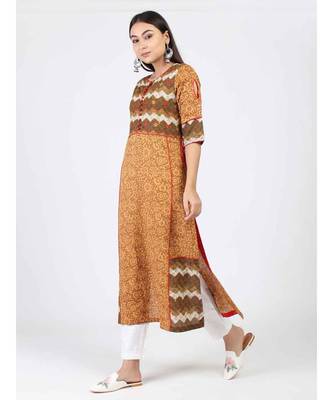 Mustard Cotton Kurti Wth Kantha Work 1