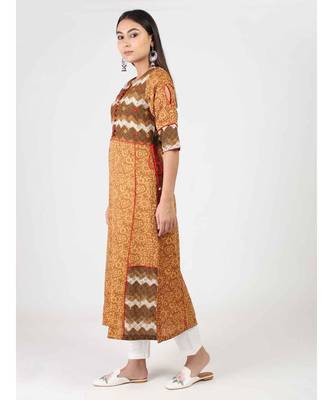 Mustard Cotton Kurti Wth Kantha Work 3