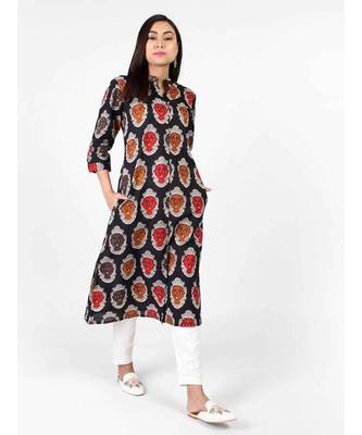Black Cotton Kurti With Kalamkari Print 1