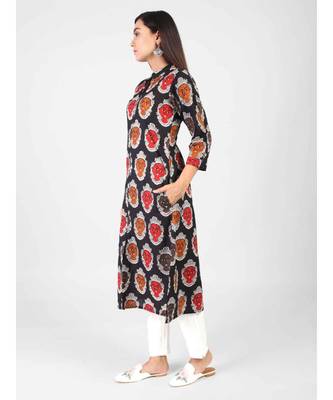 Black Cotton Kurti With Kalamkari Print 3
