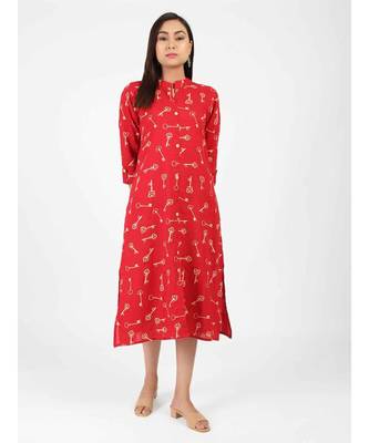 Red Cotton Straight Kurti With Front Slit 1