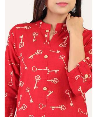 Red Cotton Straight Kurti With Front Slit 4