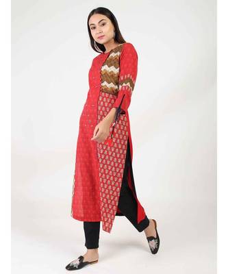 Red Cotton Straight Kurti With kantha Work 1