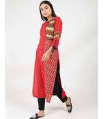 Red Cotton Straight Kurti With kantha Work