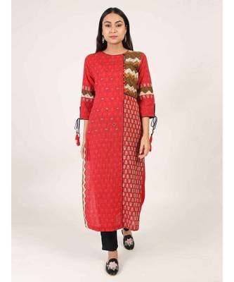 Red Cotton Straight Kurti With kantha Work 2