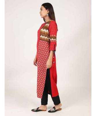 Red Cotton Straight Kurti With kantha Work 3