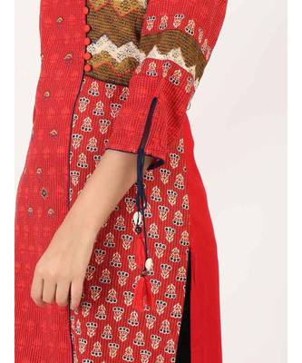 Red Cotton Straight Kurti With kantha Work 4