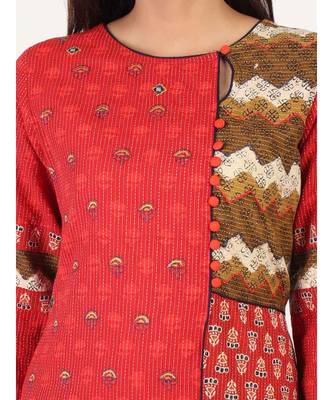 Red Cotton Straight Kurti With kantha Work 5