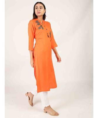 long Orange Rayon Kurti With Side Slit 1