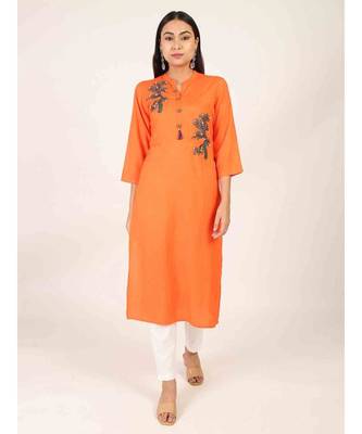 long Orange Rayon Kurti With Side Slit 2