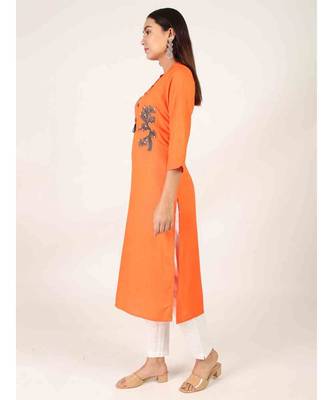 long Orange Rayon Kurti With Side Slit 3