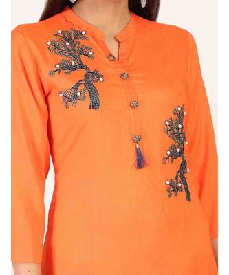 long Orange Rayon Kurti With Side Slit 4