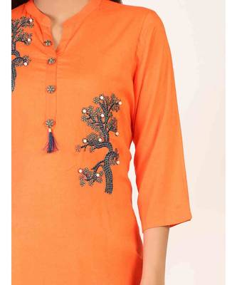 long Orange Rayon Kurti With Side Slit 5
