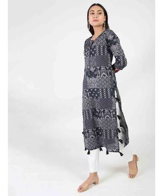 Blue long Cotton Kurti With Tussle 1