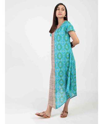 Turquoise Cotton Long Kurti With Quarter Sleeve 1