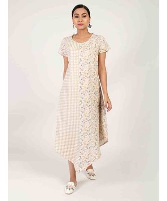 Off White Cotton Long Kurti With Quarter Sleeve 2