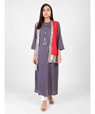 Blue Rayon Long Kurti With Shrug 2