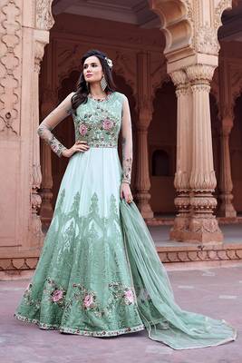 Turquoise Embroidered Net Semi Stitched Salwar With Dupatta 1