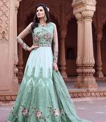 Turquoise Embroidered Net Semi Stitched Salwar With Dupatta