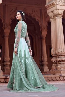 Turquoise Embroidered Net Semi Stitched Salwar With Dupatta 2