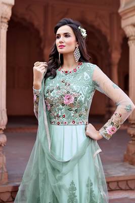 Turquoise Embroidered Net Semi Stitched Salwar With Dupatta 3