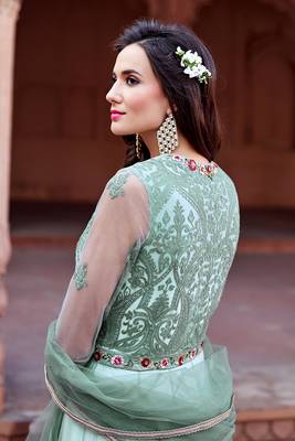 Turquoise Embroidered Net Semi Stitched Salwar With Dupatta 4
