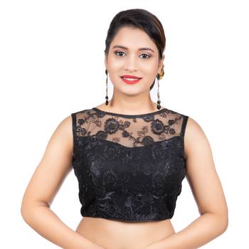 Bright Black High Neck Dupion Silk Full Net Sleeveless Readymade blouse 1