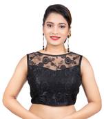 Bright Black High Neck Dupion Silk Full Net Sleeveless Readymade blouse