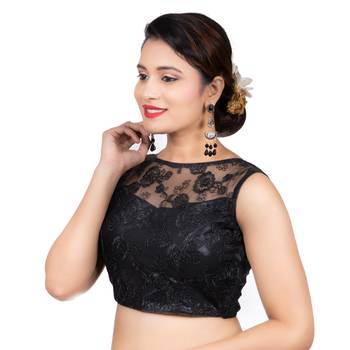 Bright Black High Neck Dupion Silk Full Net Sleeveless Readymade blouse 2