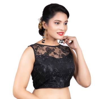 Bright Black High Neck Dupion Silk Full Net Sleeveless Readymade blouse 3