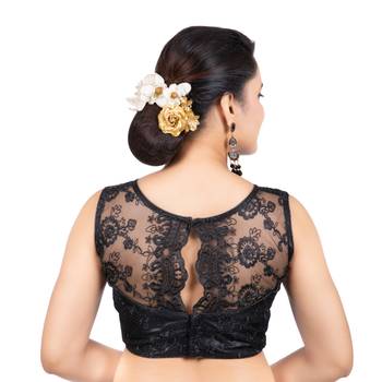 Bright Black High Neck Dupion Silk Full Net Sleeveless Readymade blouse 4