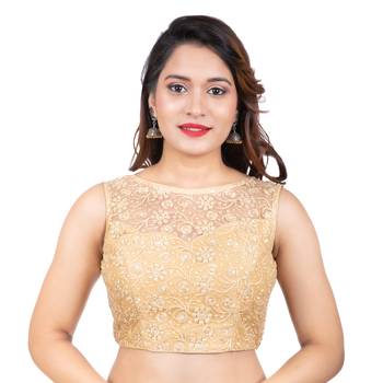 Dull Gold High Neck Dupion Silk Full Net Sleeveless Readymade blouse 1