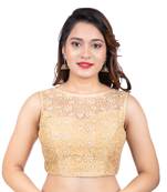 Dull Gold High Neck Dupion Silk Full Net Sleeveless Readymade blouse