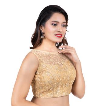Dull Gold High Neck Dupion Silk Full Net Sleeveless Readymade blouse 3