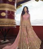 Pink Embroidered Net Semi Stitched Salwar With Dupatta