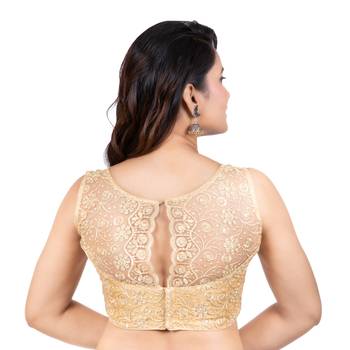 Dull Gold High Neck Dupion Silk Full Net Sleeveless Readymade blouse 4