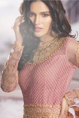 Pink Embroidered Net Semi Stitched Salwar With Dupatta 4