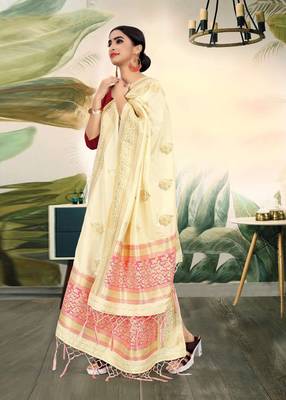 Cream Banarasi silk Weaving Work Traditional Tassel Dupatta 1