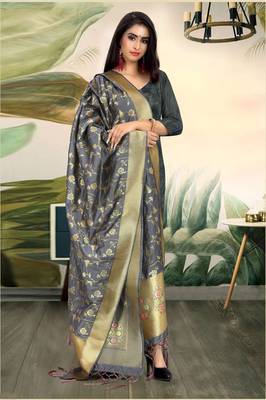 Grey Banarasi silk Weaving Work Traditional Tassel Dupatta 1